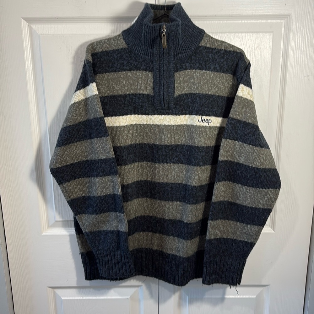 Jeep 100% Wool Striped Half Zip Sweater Blue Gray Pullover Men’s - Picture 3 of 10